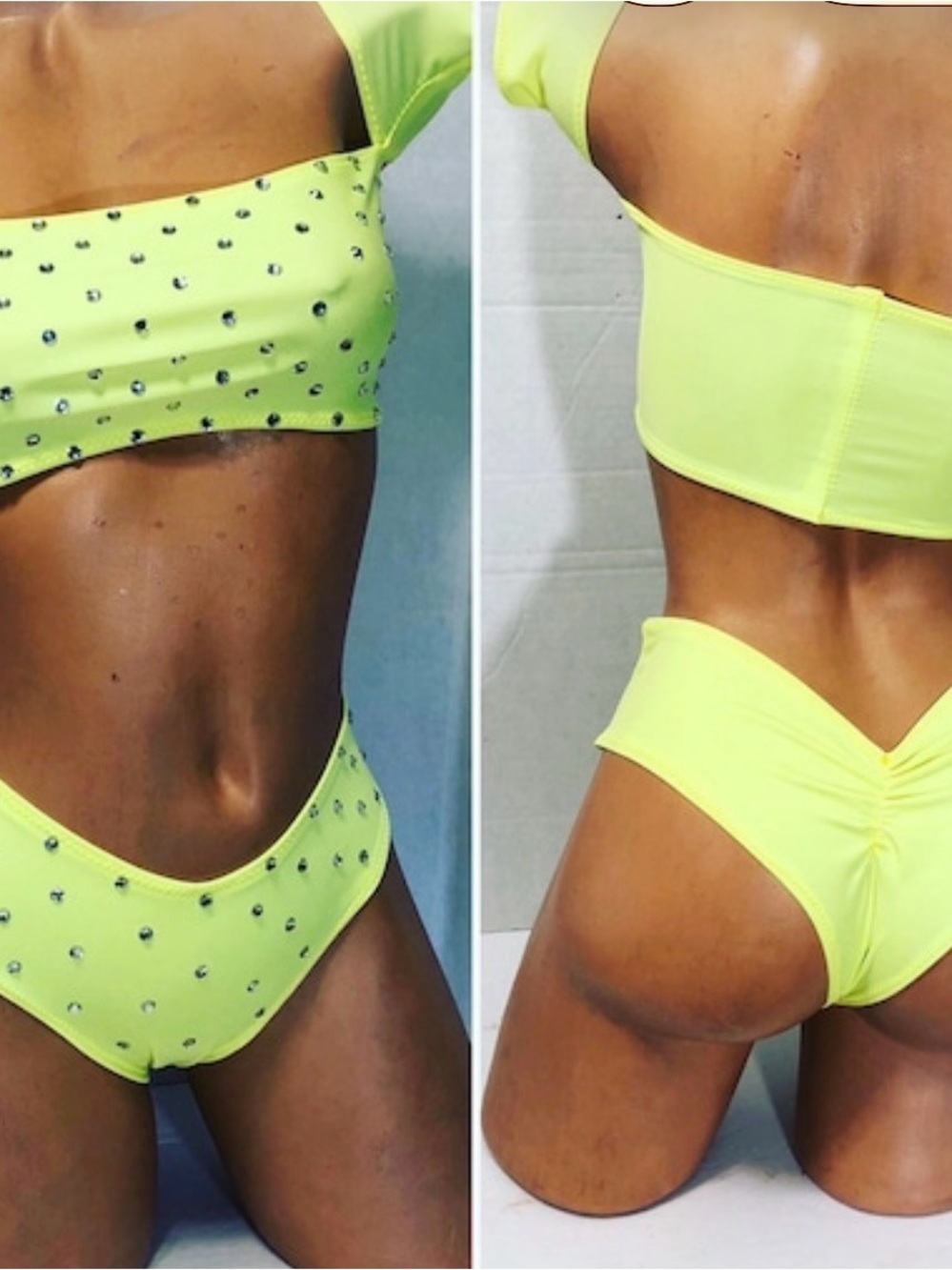 Neon yellow rhinestone two piece rave exotic dancewear set